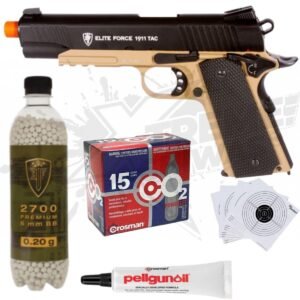 Paquete Pistola Elite Force 1911 Negro/Arena Blowback CO2 BBS 6mm