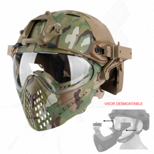 Casco Táctico Completo Desmontable con Careta Camo Multicam