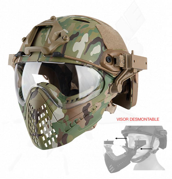 Casco Táctico Completo Desmontable con Careta Camo Multicam