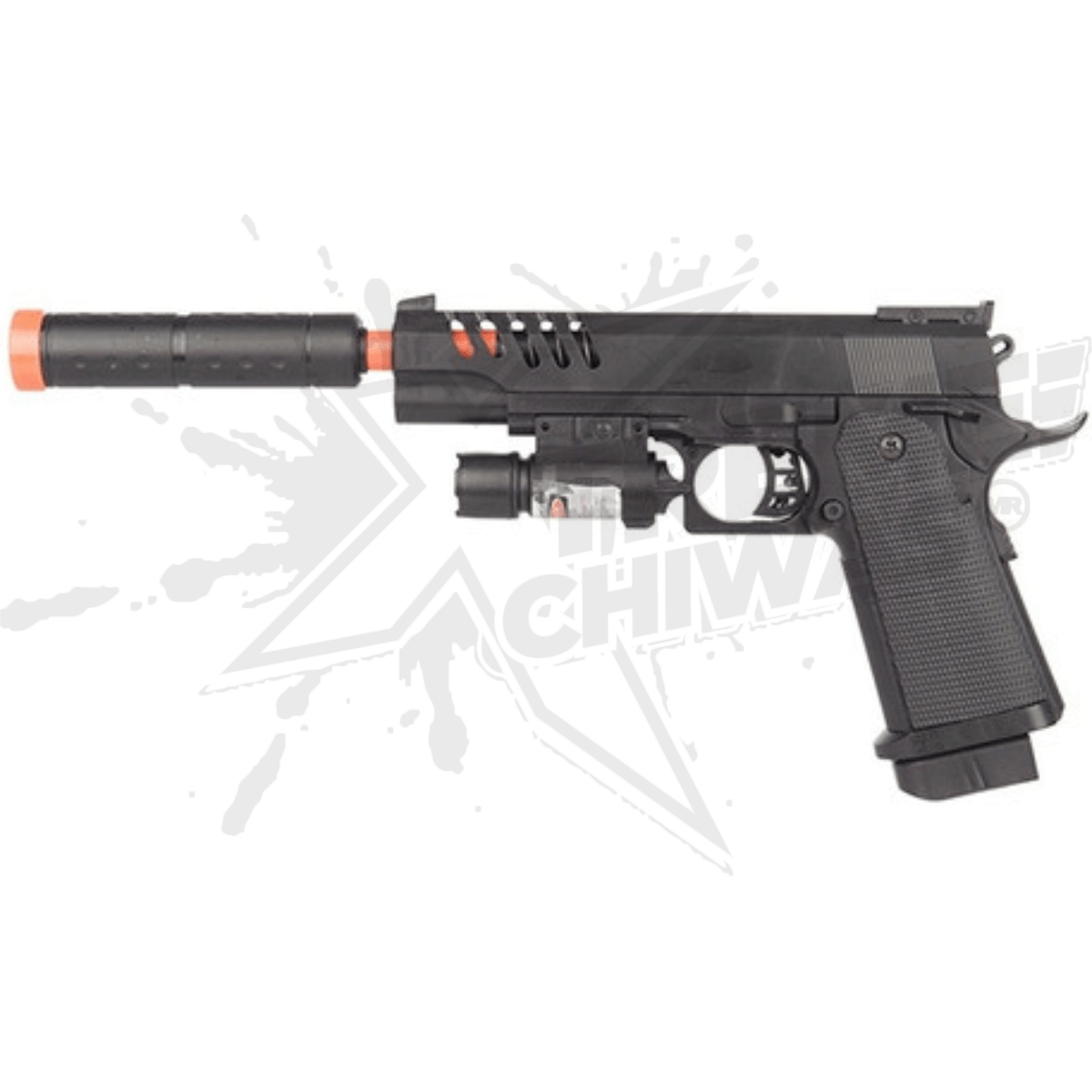 Paquete Pistola Resorte (BK) w/ SILENCER, LASER Bbs 6mm