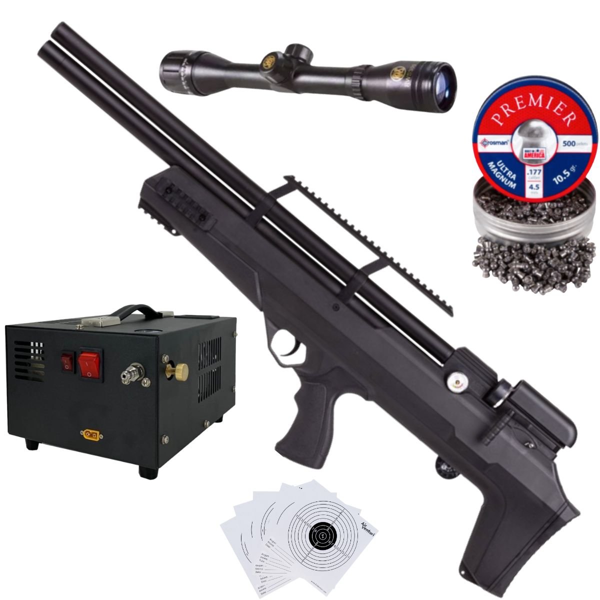 Rifle Avenger Bullpup PCP Aire .177 (4.5mm) MIRA, PELLETS, COMPRESOR