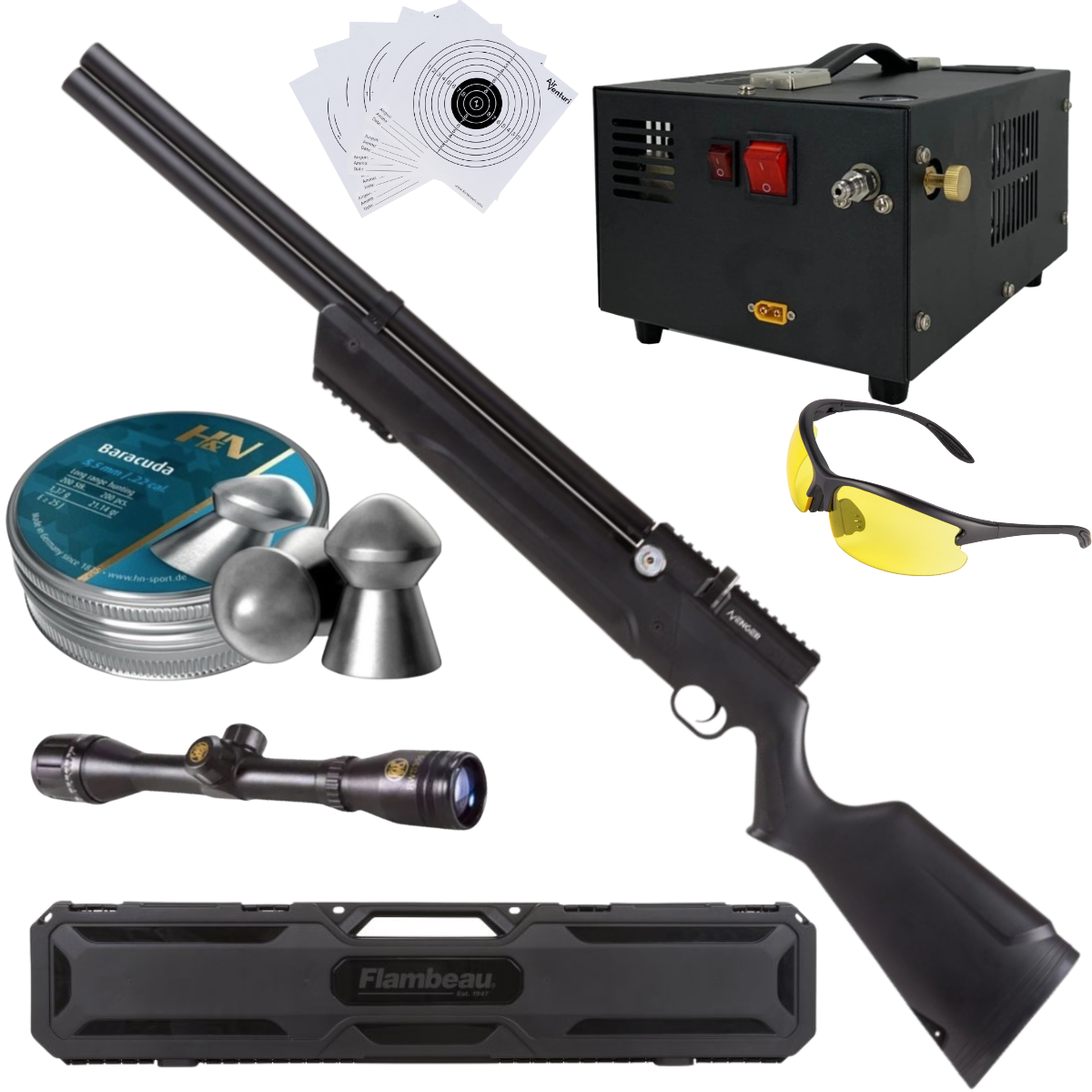 Rifle Avenger PCP Air Venturi Cal .22 Polímero Kit C/Compresor, Pellets, Mira, Lentes, Estuche, Targets
