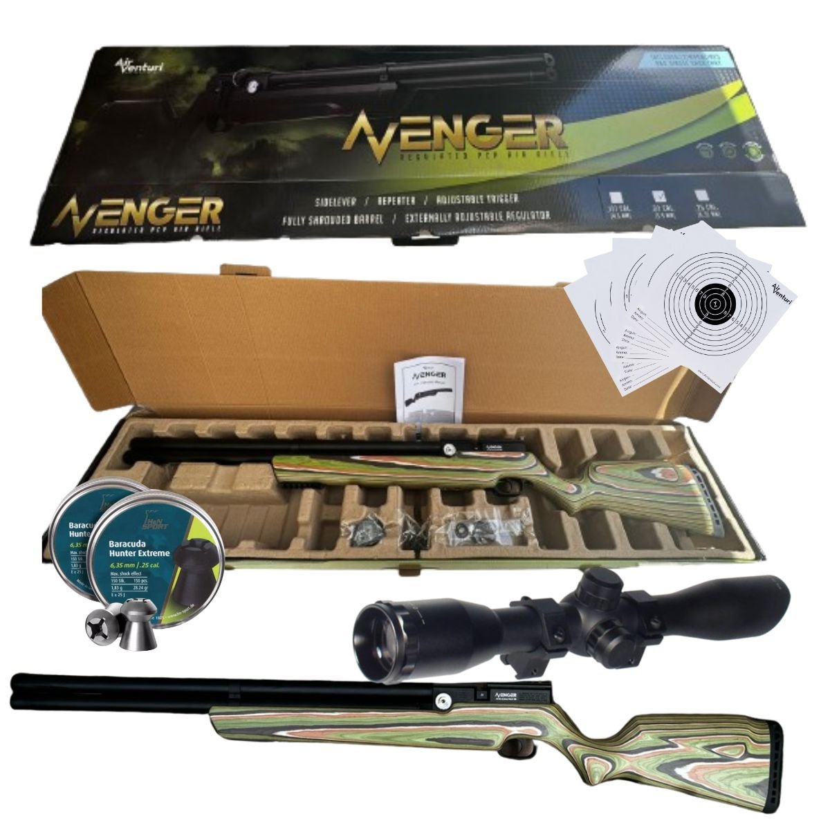 Rifle Pcp Avenger Con Pellets Y Mira Cal .25 Culata Laminada Camuflaje Montaña Verde