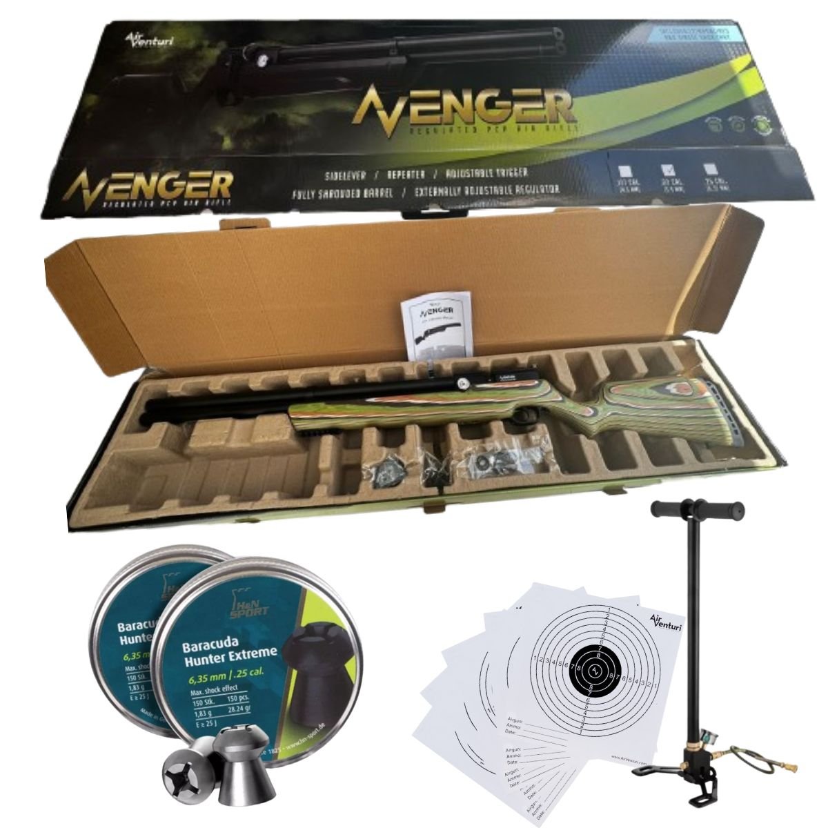 Rifle Pcp Avenger Con Pellets Bomba Cal .25 Culata Laminada Camuflaje Montaña Verde