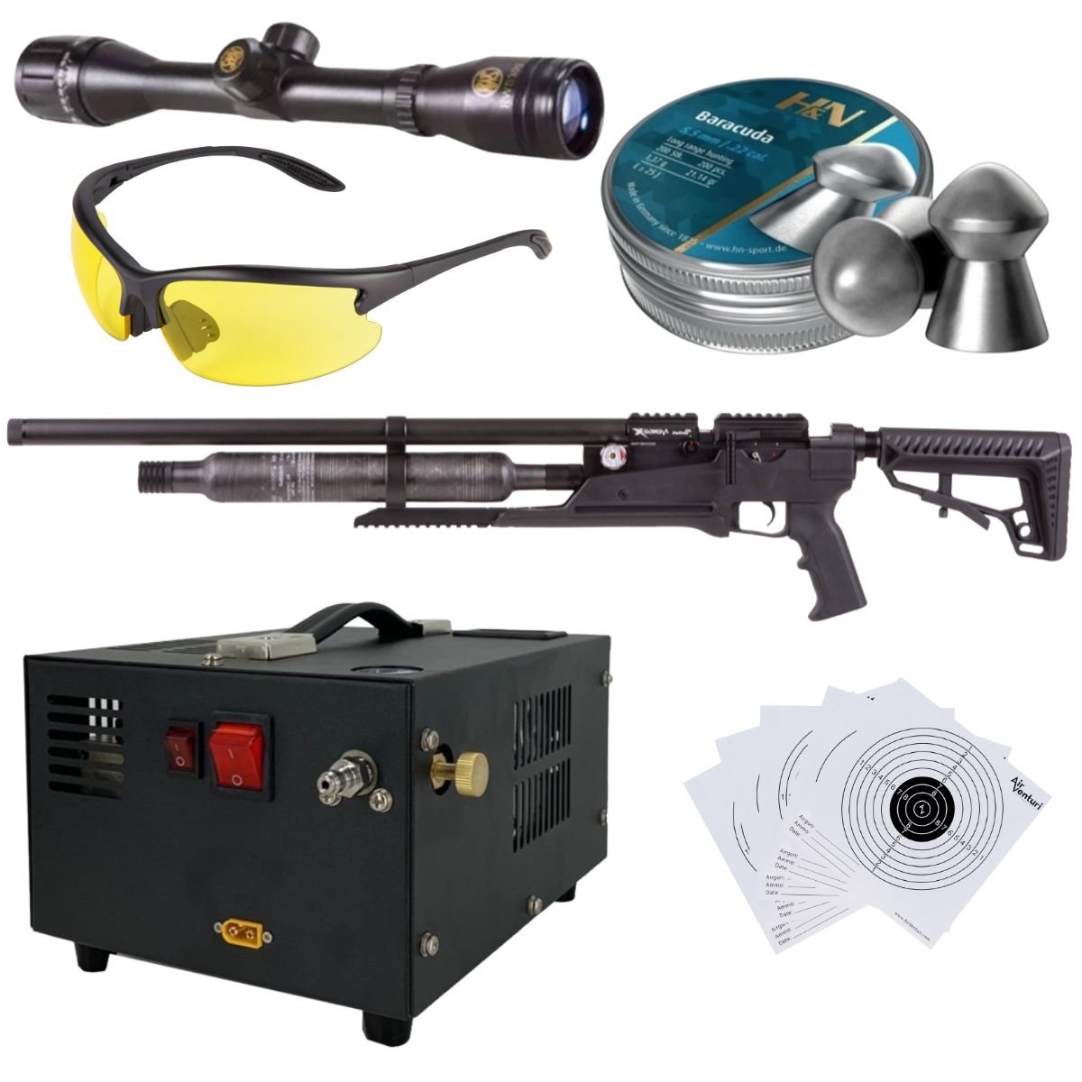 Rifle Air Venturi Avenge-X Tactical PCP .22 (5.5mm) BOTELLA 400cc Kit C/Compresor, pellets, mira, lentes, targets. - Image 2