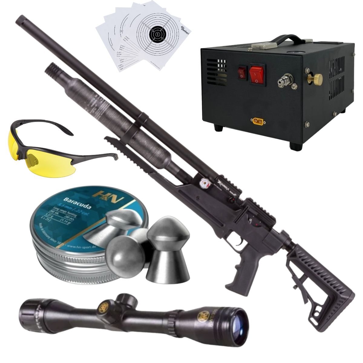 Rifle Air Venturi Avenge-X Tactical PCP .22 (5.5mm) BOTELLA 400cc Kit C/Compresor, pellets, mira, lentes, targets.