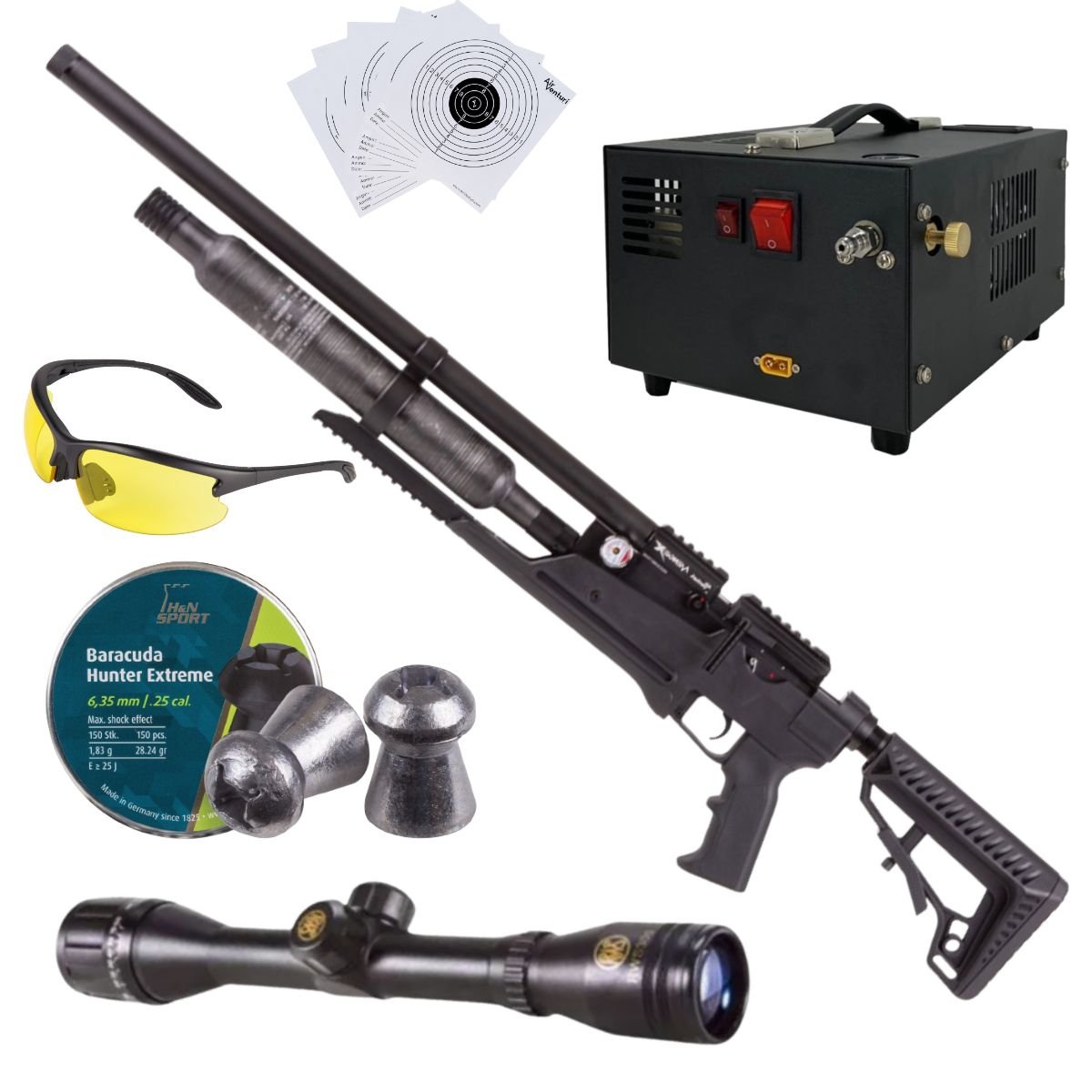 Rifle Air Venturi Avenge-X Tactical PCP .25 (6.35mm) BOTELLA 400cc Kit C/Compresor, pellets, mira, lentes, targets.
