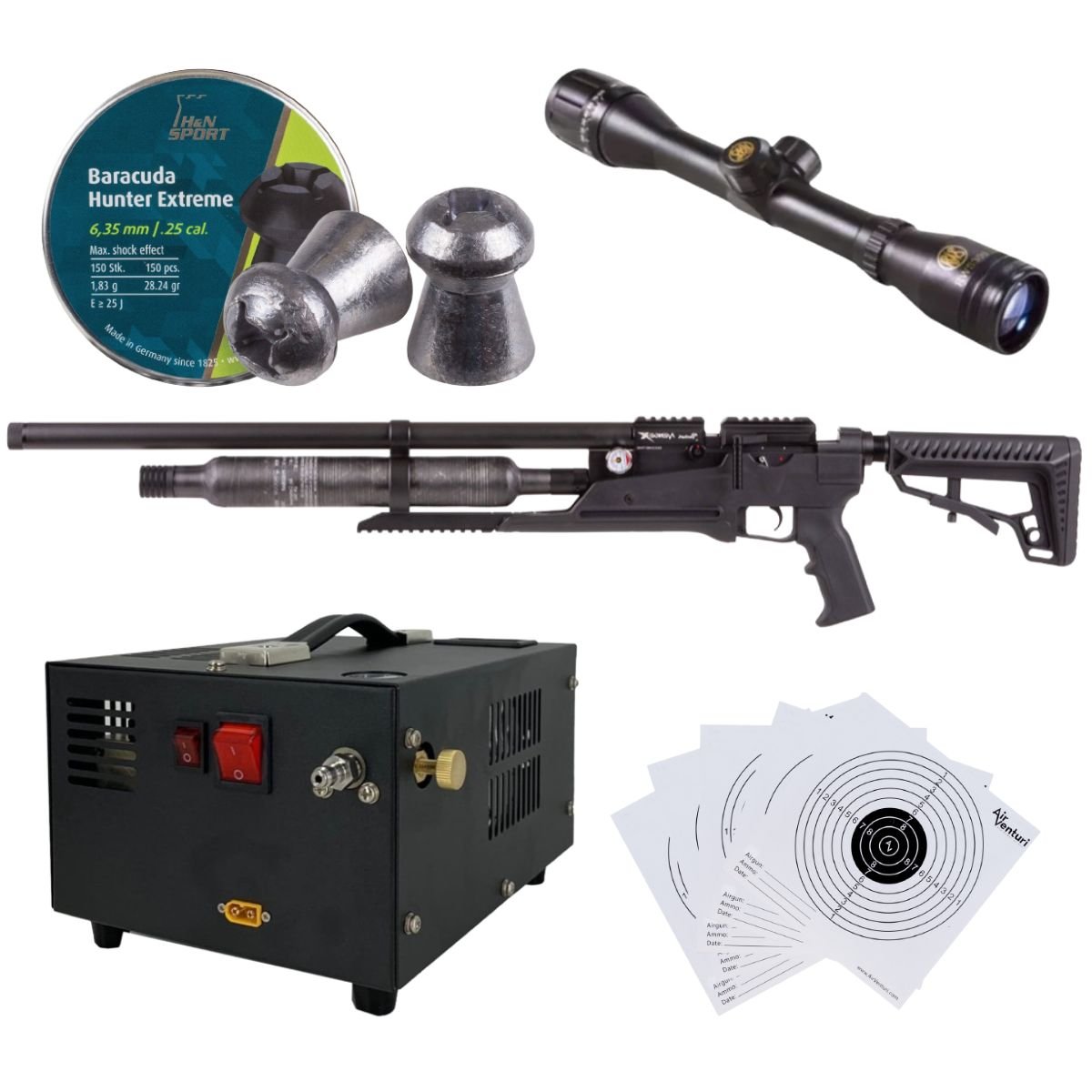 Rifle Air Venturi Avenge-X Tactical PCP .25 (6.35mm) BOTELLA 400cc Kit C/Compresor, pellets, mira, targets. - Image 2