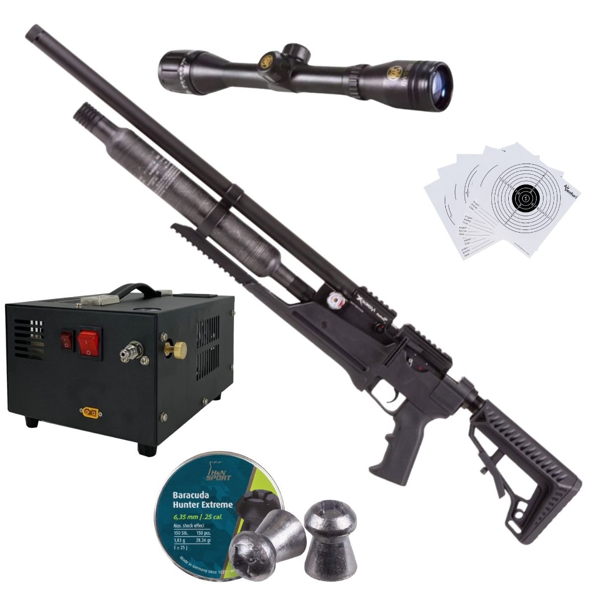 Rifle Air Venturi Avenge-X Tactical PCP .25 (6.35mm) BOTELLA 400cc Kit C/Compresor, pellets, mira, targets.