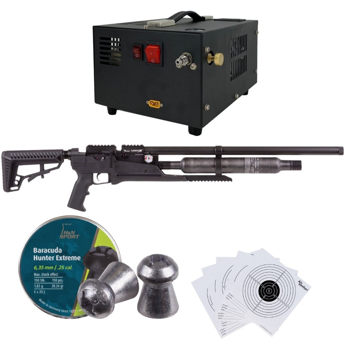 Rifle Air Venturi Avenge-X Tactical PCP .25 (6.35mm) BOTELLA 400cc Kit C/Compresor, pellets, targets. - Image 2