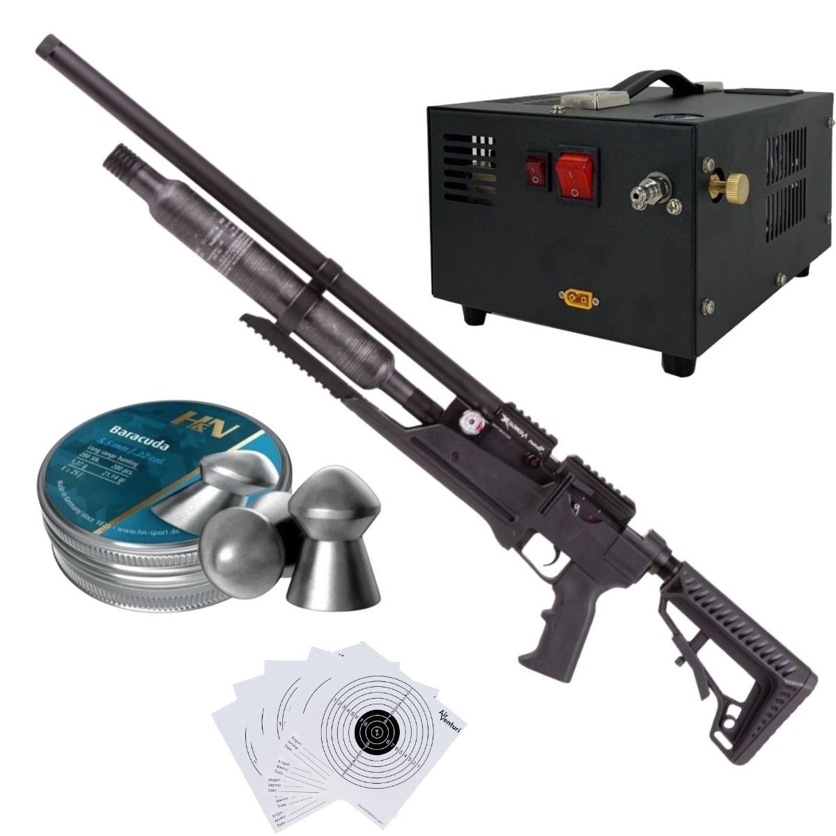 Rifle Air Venturi Avenge-X Tactical PCP .22 (5.5mm) BOTELLA 400cc Kit C/Compresor, pellets, targets.