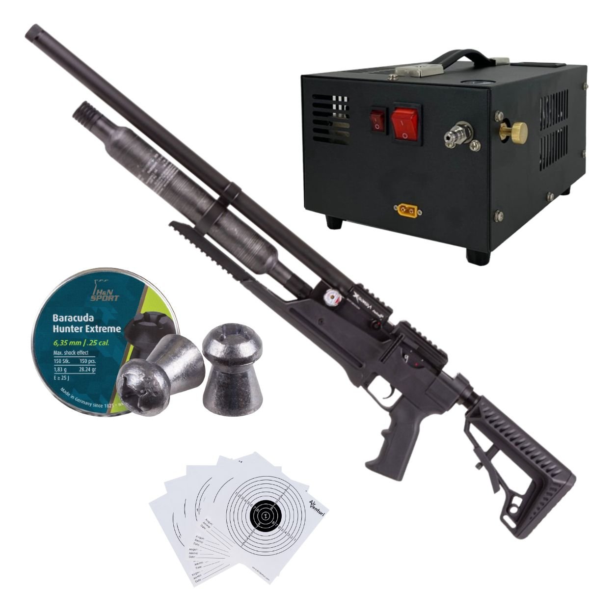 Rifle Air Venturi Avenge-X Tactical PCP .25 (6.35mm) BOTELLA 400cc Kit C/Compresor, pellets, targets.