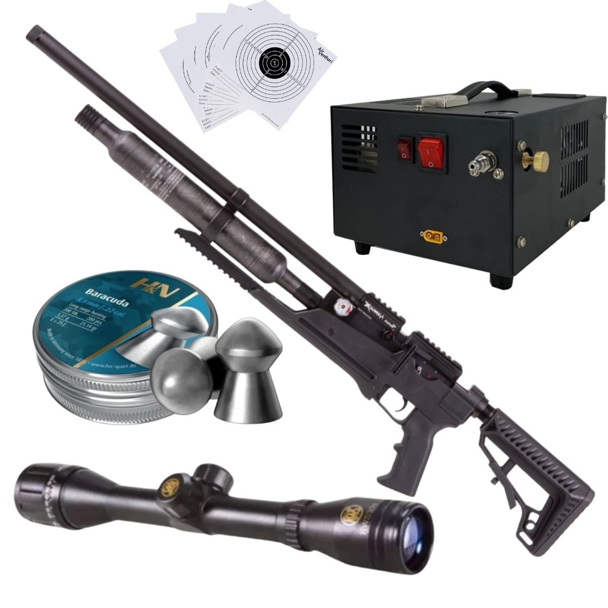 Rifle Air Venturi Avenge-X Tactical PCP .22 (5.5mm) BOTELLA 400cc Kit C/Compresor, pellets, mira, targets.