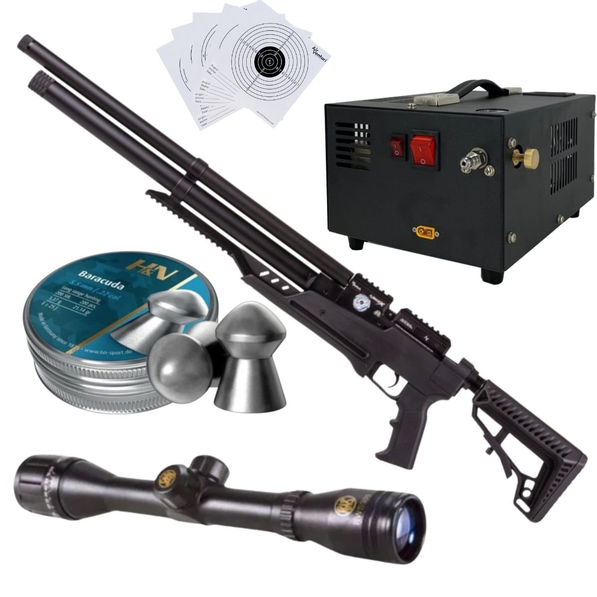 Rifle Air Venturi Avenge-X Tactical PCP .22 (5.5mm) TUBO 210cc Kit C/Compresor, pellets, mira, targets.