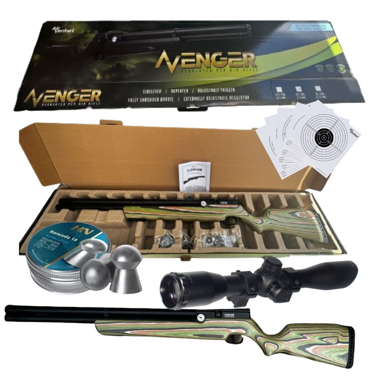 Rifle Pcp Avenger Culata Laminada Camuflaje Montaña Verde Con Pellets Mira Cal .22