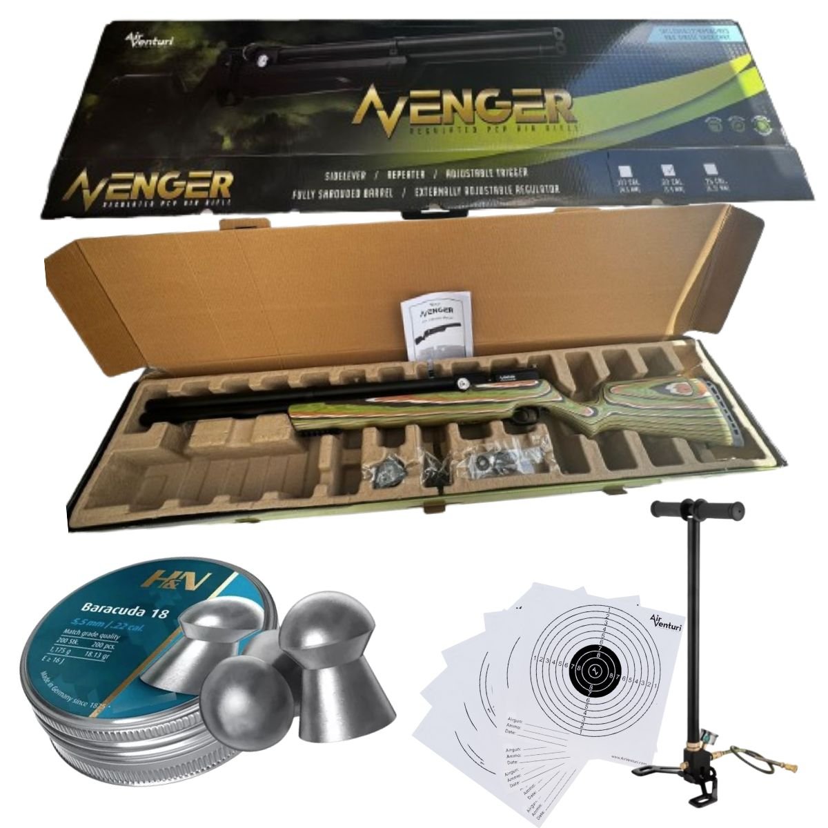 Rifle Pcp Avenger Culata Laminada Camuflaje Con Pellets Bomba Cal .22