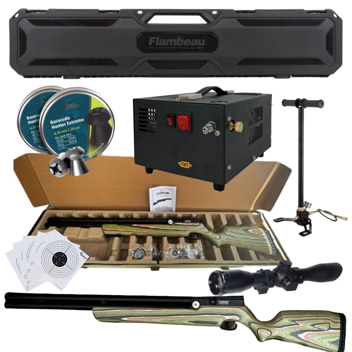 Rifle Pcp Avenger Camuflaje Edición Limitada Kit Estuche, Compresor, Bomba, Mira Y Pellets Calibre .25