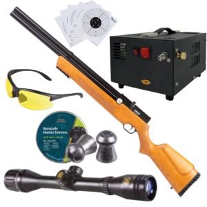 Rifle Air Venturi Avenger Madera Regulado PCP .25 Kit C/Compresor, Pellets, Mira, Lentes, Targets.