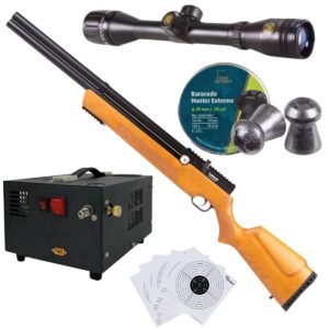 Rifle Air Venturi Avenger Madera Regulado PCP .25 Kit C/Compresor, Pellets, Mira, Targets.