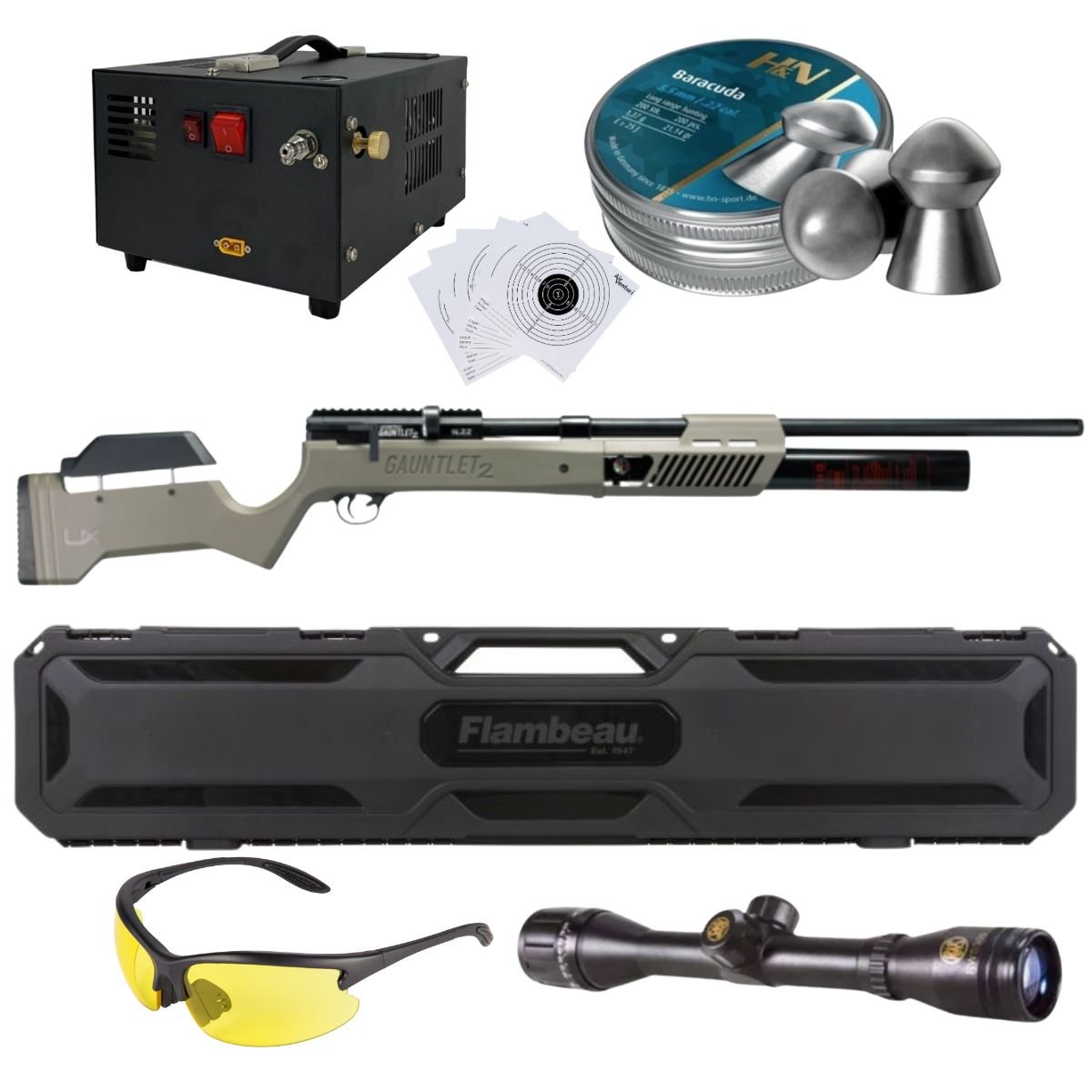 Rifle PCP Umarex Gauntlet SL .22 c/compresor, pellets, mira, lentes, estuche, targets. - Image 2