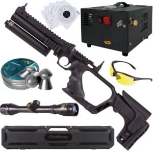 Pistola PCP .22 Convertible Hatsan Jet II C/Compresor, pellets, mira, lentes, estuche, targets.
