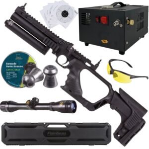 Pistola PCP .25 Convertible Hatsan Jet II c/compresor, pellets, mira, lentes, estuche, targets.