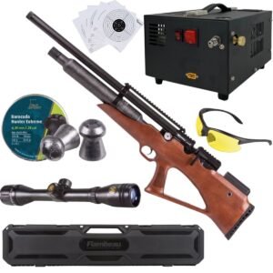 Rifle Avenge X Bullpup Botella Madera 400cc c/compresor, pellets, mira, lentes, estuche, targets.