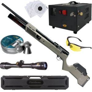 Rifle PCP Umarex Gauntlet SL .22 c/compresor, pellets, mira, lentes, estuche, targets.