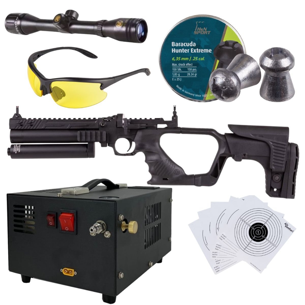 Pistola PCP .25 Convertible Hatsan Jet II c/compresor, pellets, mira, lentes, targets. - Image 2