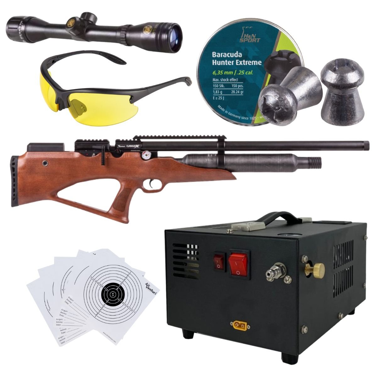 Rifle Avenge X Bullpup Botella Madera 400cc c/compresor, pellets, mira, lentes, targets. - Image 2