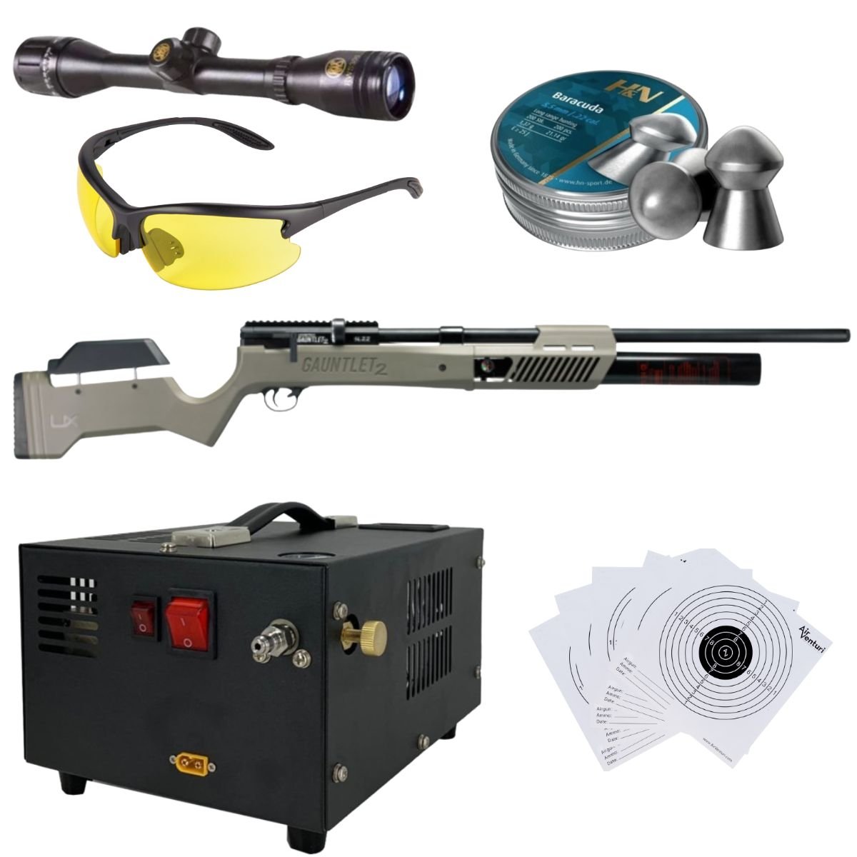 Rifle PCP Umarex Gauntlet SL .22 c/compresor, pellets, mira, lentes, targets. - Image 2