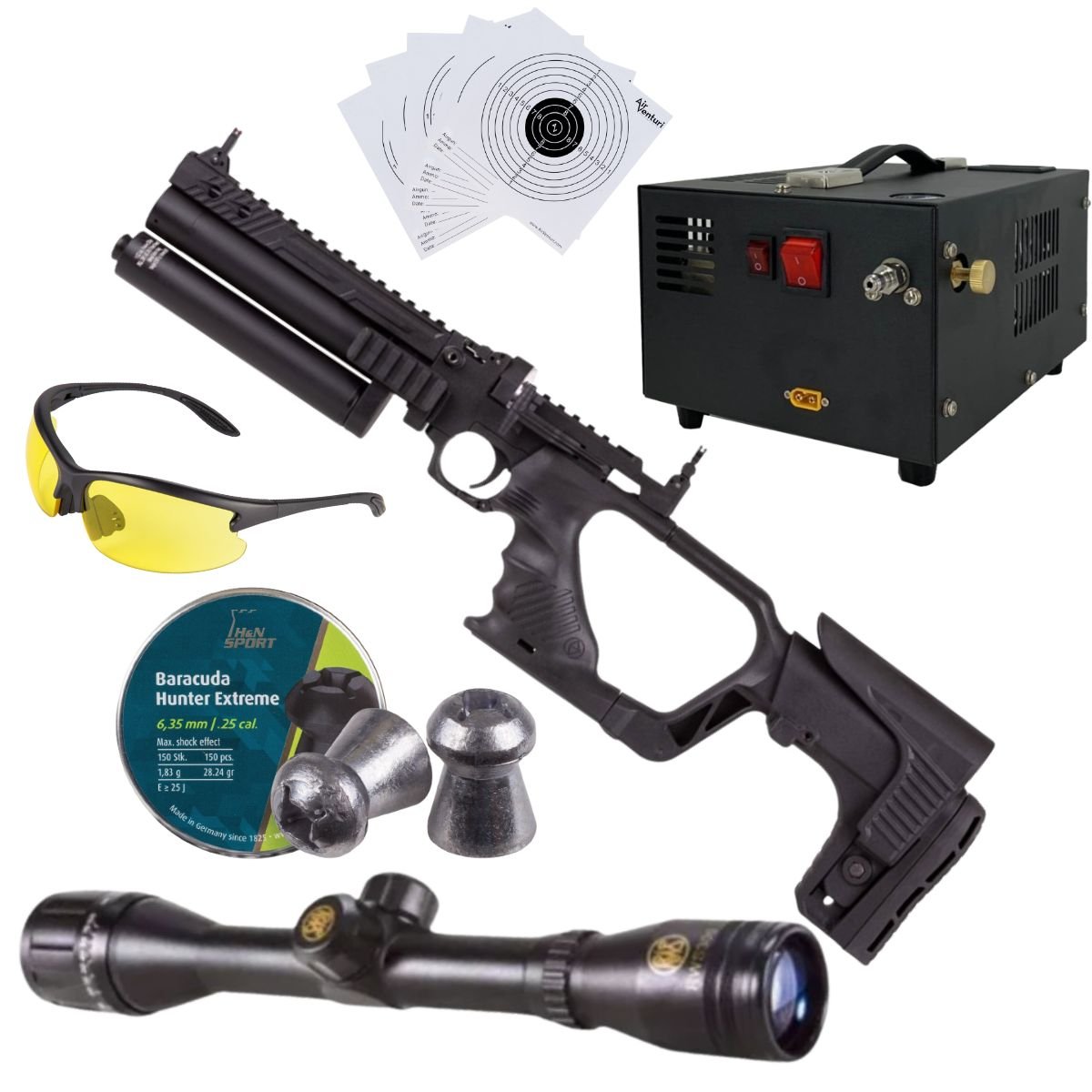 Pistola PCP .25 Convertible Hatsan Jet II c/compresor, pellets, mira, lentes, targets.