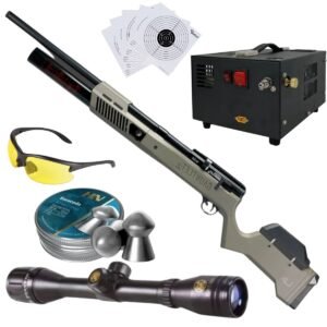 Rifle PCP Umarex Gauntlet SL .22 c/compresor, pellets, mira, lentes, targets.