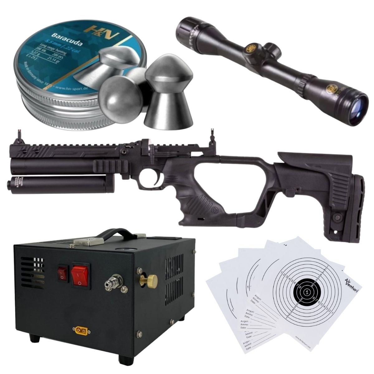 Pistola PCP .22 Convertible Hatsan Jet II C/Compresor, Pellets, Mira, Targets. - Image 2