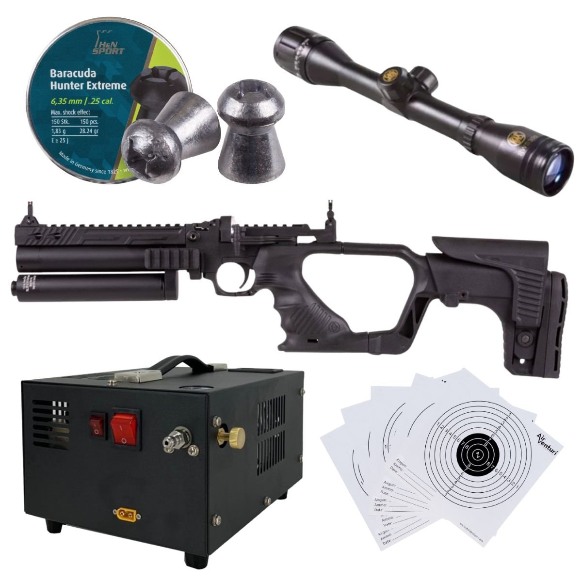 Pistola PCP .25 Convertible Hatsan Jet II c/compresor, pellets, mira, targets. - Image 2