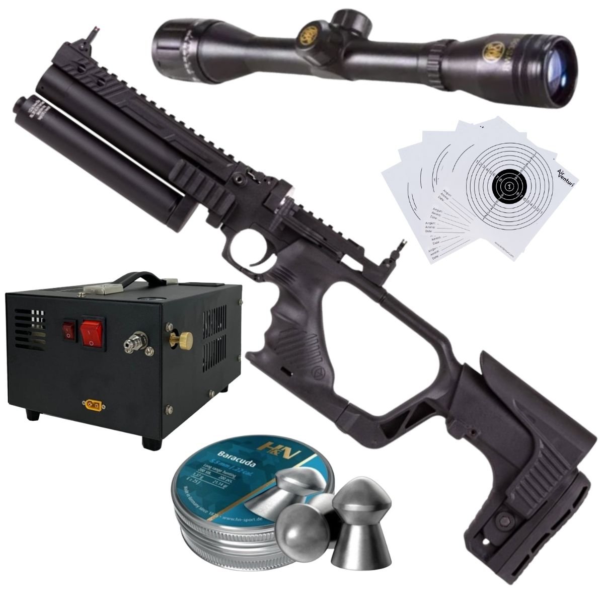 Pistola PCP .22 Convertible Hatsan Jet II C/Compresor, Pellets, Mira, Targets.