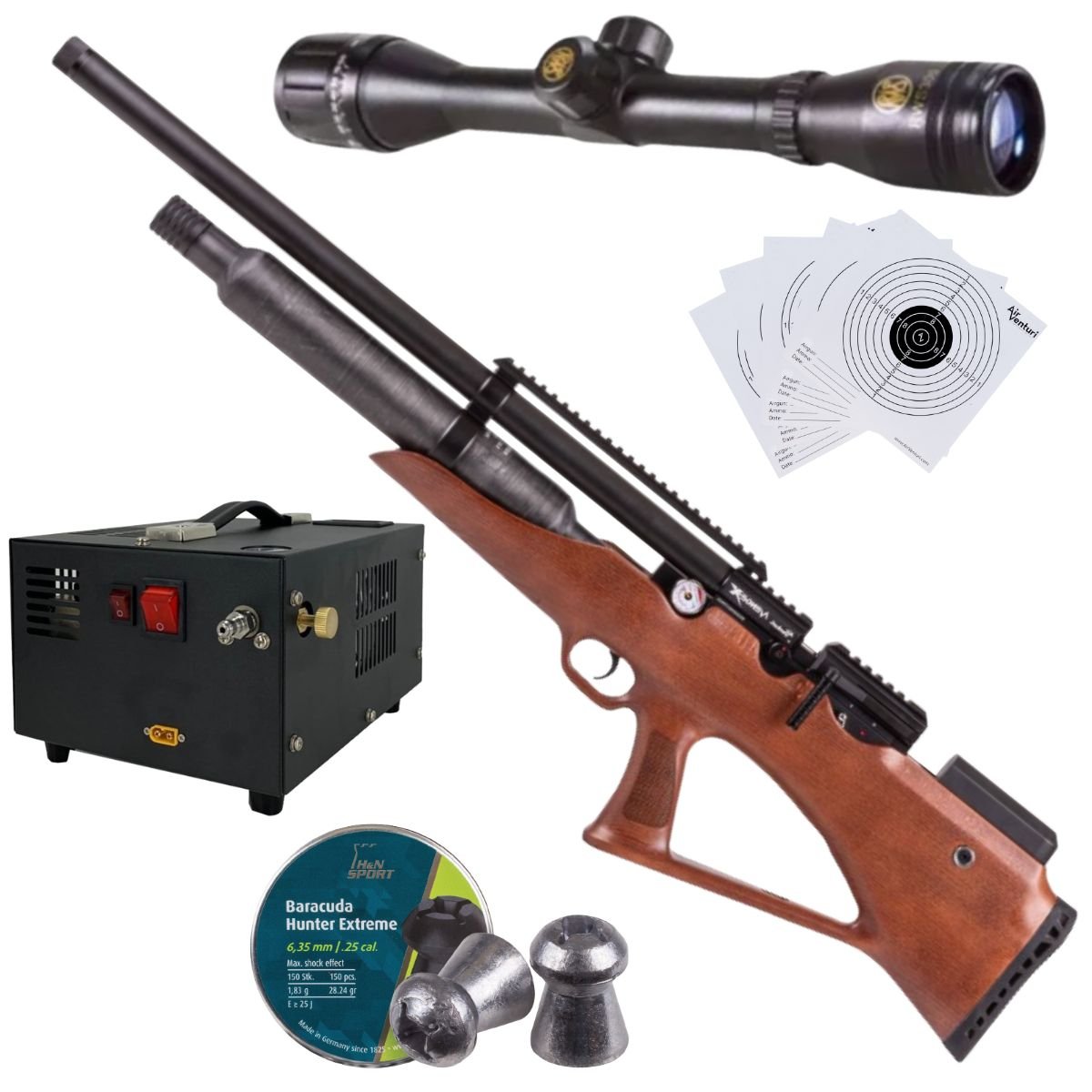 Rifle Avenge X Bullpup Botella Madera 400cc c/compresor, pellets, mira, targets.