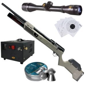 Rifle PCP Umarex Gauntlet SL .22 c/compresor, pellets, mira, targets.