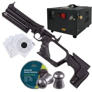 Pistola PCP .25 Convertible Hatsan Jet II c/compresor, pellets, targets.