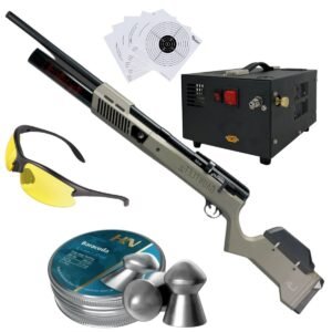 Rifle PCP Umarex Gauntlet SL .22 c/compresor, pellets, lentes, targets.