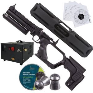 Pistola PCP .25 Convertible Hatsan Jet II c/compresor, pellets, estuche, targets.