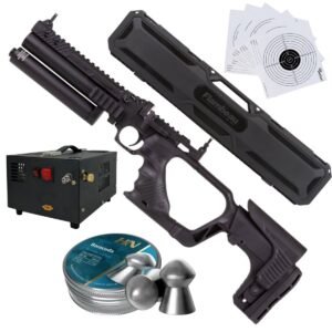 Pistola PCP .22 Convertible Hatsan Jet II c/compresor, pellets, estuche, targets.