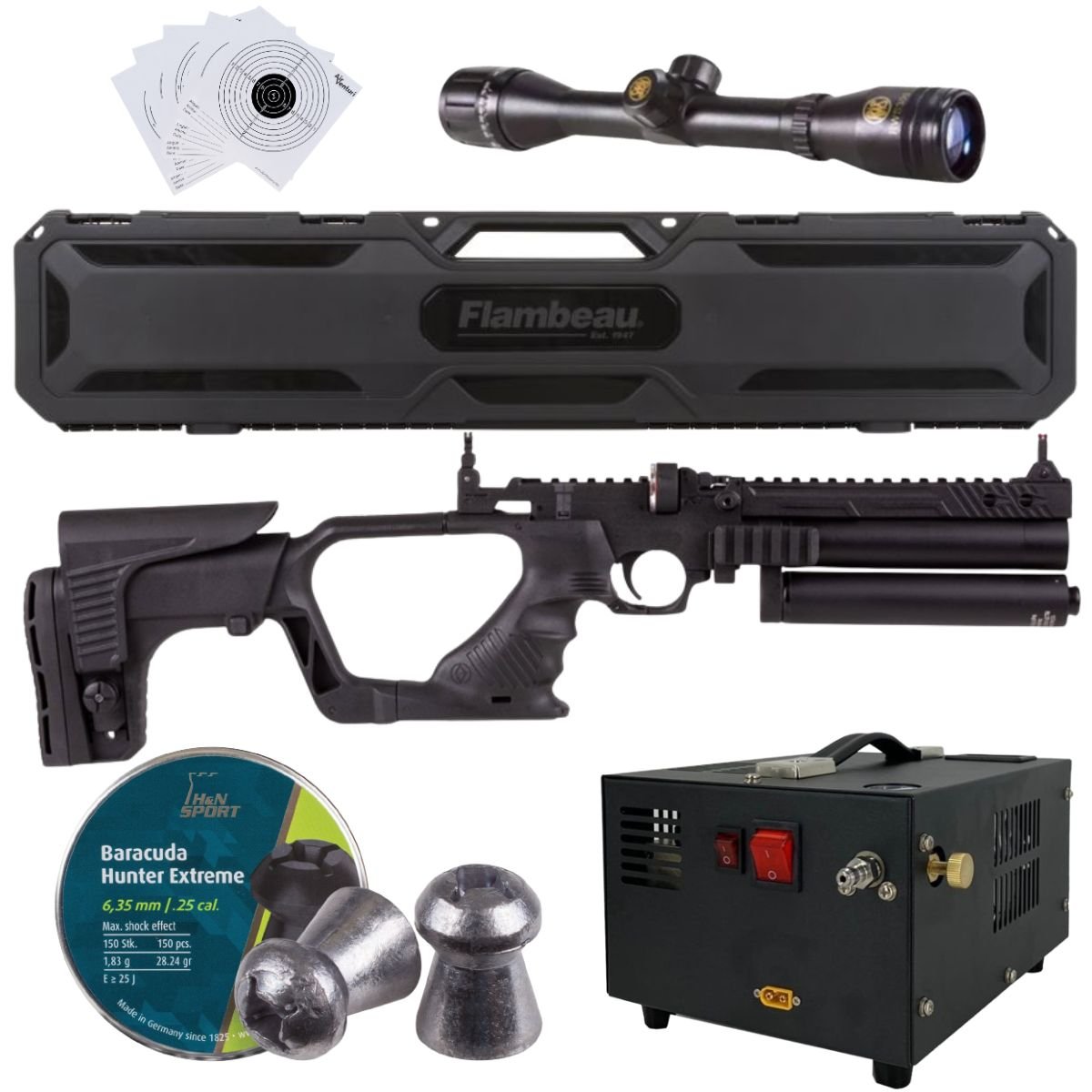 Pistola PCP .25 Convertible Hatsan Jet II c/compresor, pellets, estuche, mira, targets. - Image 2