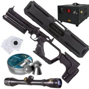 Pistola PCP .22 Convertible Hatsan Jet II c/compresor, pellets, estuche, mira, targets.