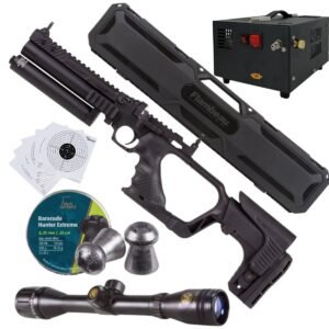 Pistola PCP .25 Convertible Hatsan Jet II c/compresor, pellets, estuche, mira, targets.