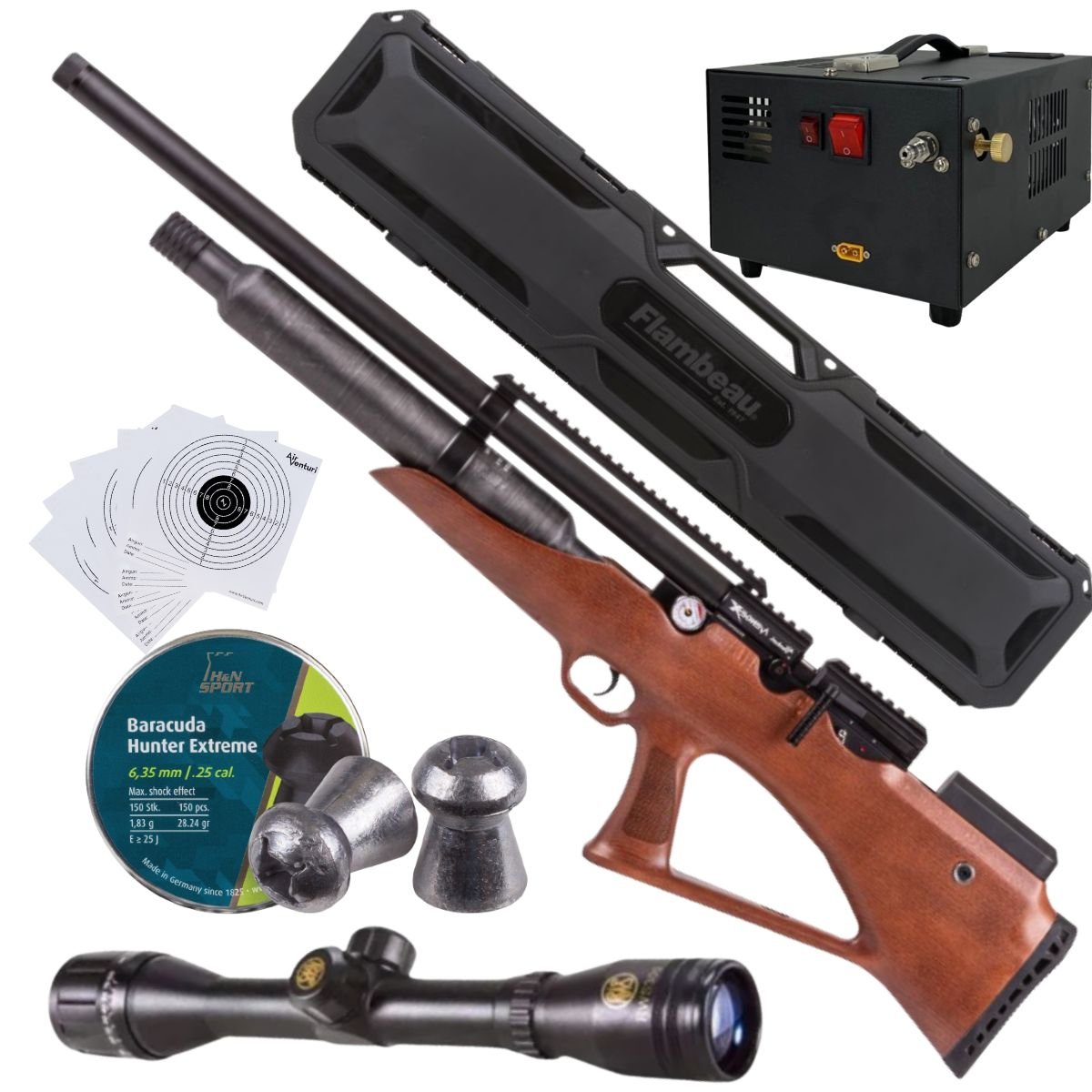 Rifle Avenge X Bullpup Botella Madera 400cc c/compresor, pellets, estuche, mira, targets.