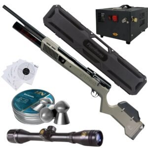 Rifle PCP Umarex Gauntlet SL .22 c/compresor, pellets, estuche, mira, targets.