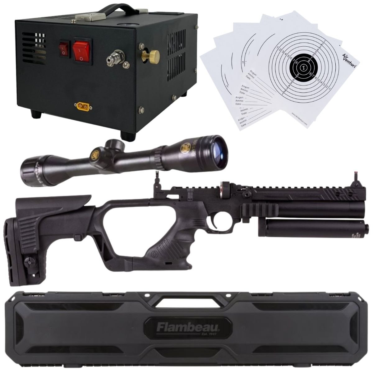 Pistola PCP .25 Convertible Hatsan Jet II c/compresor, estuche, mira, targets. - Image 2