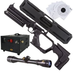 Pistola PCP .25 Convertible Hatsan Jet II c/compresor, estuche, mira, targets.