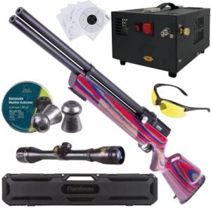 Rifle PCP Air Venturi Avenger .25 Rojo/Azul c/compresor, pellets, mira, lentes, estuche, targets.